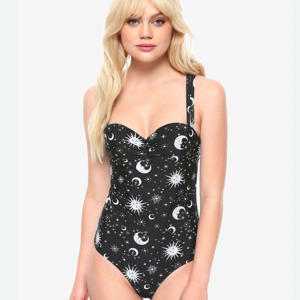 Hot Topic Women's Celestial Sun Moon One-Piece Swimsuit Black Size L